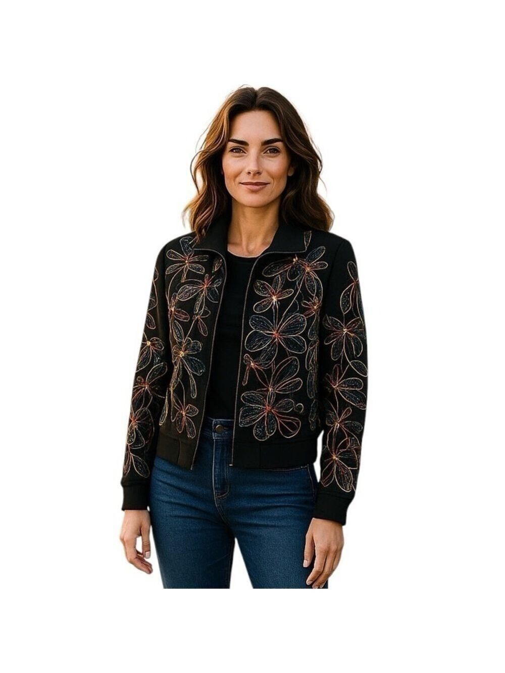 VINTAGE Boho Jacket Women’s Medium Front Zip Embroidered Sequin Floral Anage